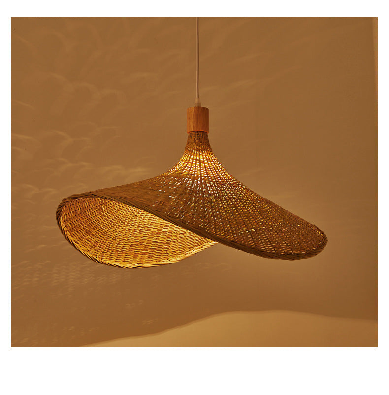 Beige Straw Hat Shape Hanging Lamp Kit Asian 1-Light Rattan Ceiling Pendant Light for Dining Table Clearhalo 'Ceiling Lights' 'Pendant Lights' 'Pendants' Lighting' 2628981