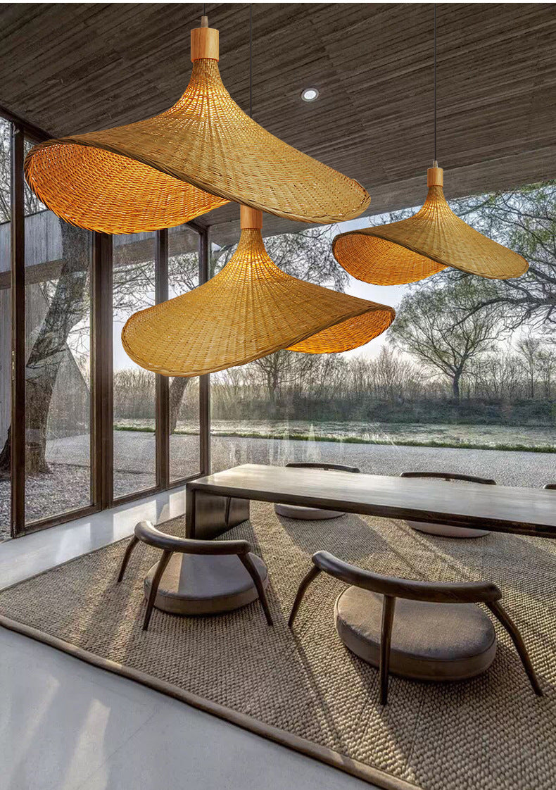 Beige Straw Hat Shape Hanging Lamp Kit Asian 1-Light Rattan Ceiling Pendant Light for Dining Table Clearhalo 'Ceiling Lights' 'Pendant Lights' 'Pendants' Lighting' 2628983