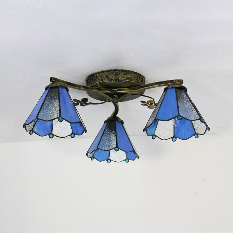 Tiffany Style Conic Shade Flushmount Light Stained Glass 3 Lights Flushmount Ceiling Light in White/Clear/Blue/Beige Clearhalo 'Ceiling Lights' 'Close To Ceiling Lights' 'Close to ceiling' 'Glass shade' 'Glass' 'Semi-flushmount' 'Tiffany close to ceiling' 'Tiffany' Lighting' 26290