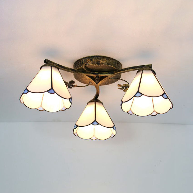Tiffany Style Conic Shade Flushmount Light Stained Glass 3 Lights Flushmount Ceiling Light in White/Clear/Blue/Beige White Clearhalo 'Ceiling Lights' 'Close To Ceiling Lights' 'Close to ceiling' 'Glass shade' 'Glass' 'Semi-flushmount' 'Tiffany close to ceiling' 'Tiffany' Lighting' 26291