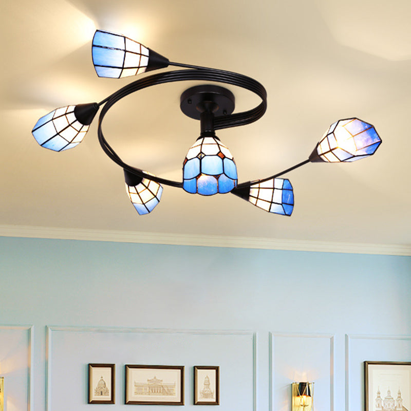 Tiffany Flower Semi Flush Light Stained Glass Ceiling Mounted Light for Living Room Clearhalo 'Ceiling Lights' 'Close To Ceiling Lights' 'Lighting' 2629184