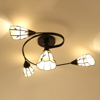 Tiffany Flower Semi Flush Light Stained Glass Ceiling Mounted Light for Living Room 4 Green Clearhalo 'Ceiling Lights' 'Close To Ceiling Lights' 'Lighting' 2629186