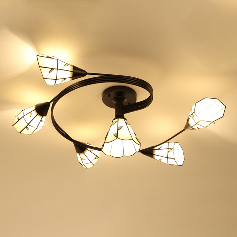 Tiffany Flower Semi Flush Light Stained Glass Ceiling Mounted Light for Living Room 6 Green Clearhalo 'Ceiling Lights' 'Close To Ceiling Lights' 'Lighting' 2629187