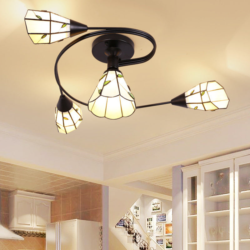 Tiffany Flower Semi Flush Light Stained Glass Ceiling Mounted Light for Living Room Clearhalo 'Ceiling Lights' 'Close To Ceiling Lights' 'Lighting' 2629188