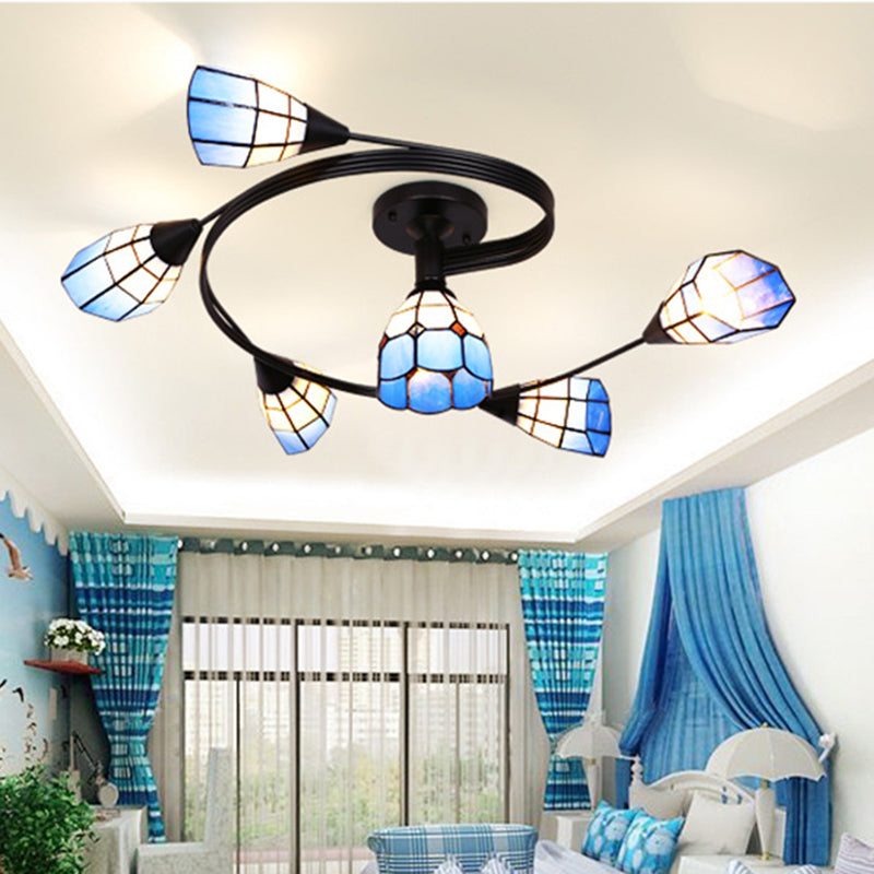 Tiffany Flower Semi Flush Light Stained Glass Ceiling Mounted Light for Living Room Clearhalo 'Ceiling Lights' 'Close To Ceiling Lights' 'Lighting' 2629189