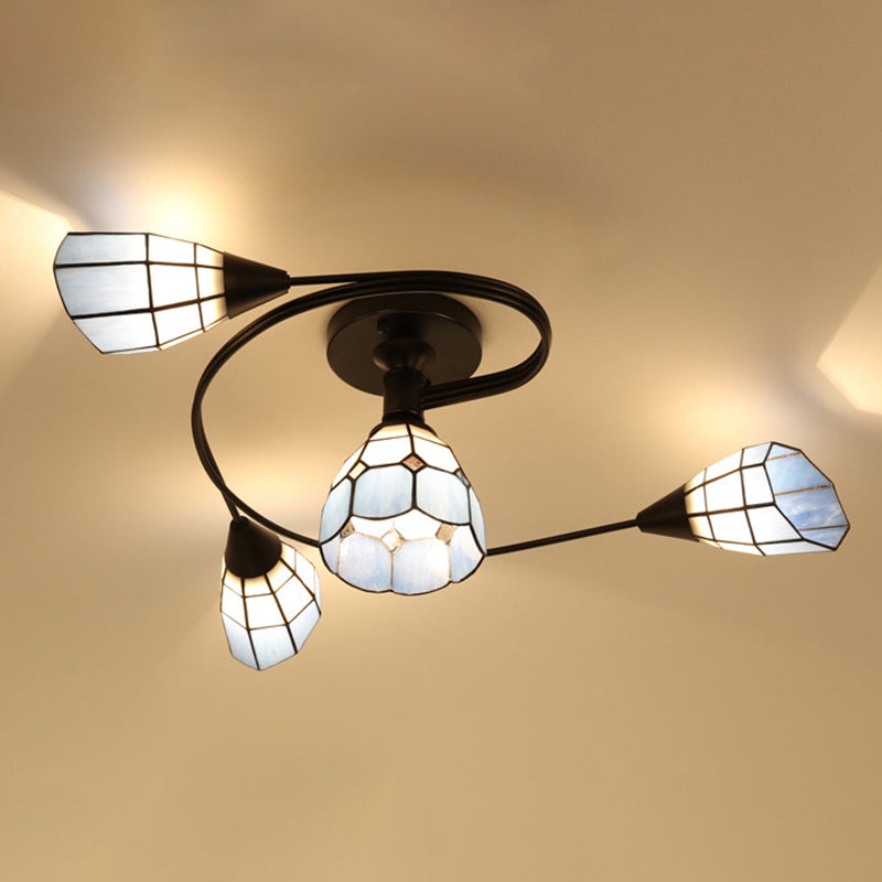 Tiffany Flower Semi Flush Light Stained Glass Ceiling Mounted Light for Living Room 4 Blue Clearhalo 'Ceiling Lights' 'Close To Ceiling Lights' 'Lighting' 2629191