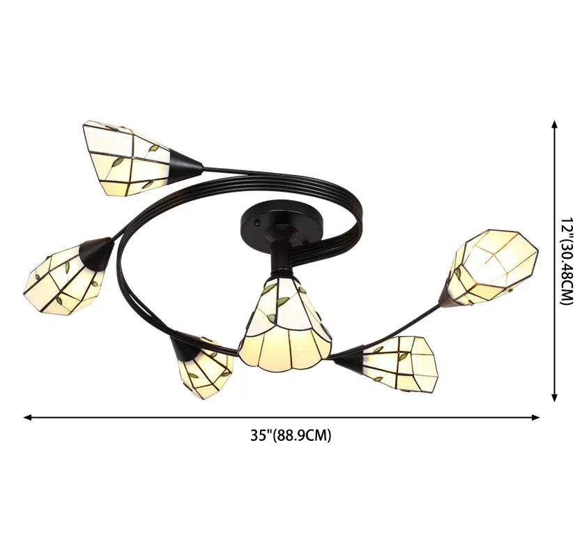 Tiffany Flower Semi Flush Light Stained Glass Ceiling Mounted Light for Living Room Clearhalo 'Ceiling Lights' 'Close To Ceiling Lights' 'Lighting' 2629193