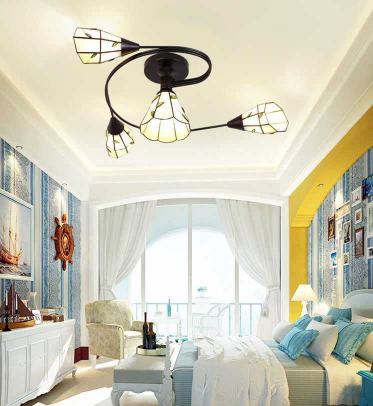 Tiffany Flower Semi Flush Light Stained Glass Ceiling Mounted Light for Living Room Clearhalo 'Ceiling Lights' 'Close To Ceiling Lights' 'Lighting' 2629198