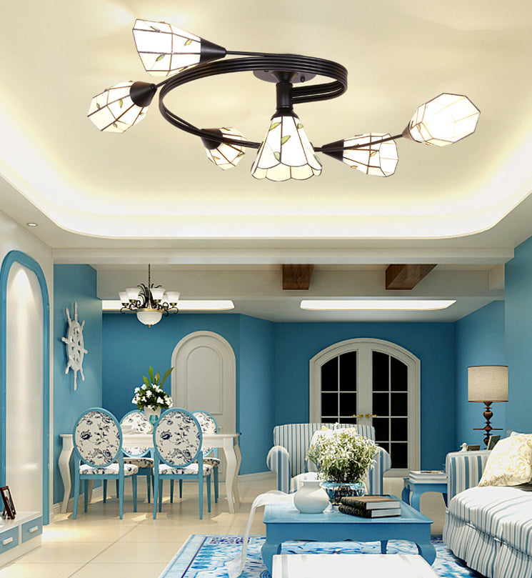 Tiffany Flower Semi Flush Light Stained Glass Ceiling Mounted Light for Living Room Clearhalo 'Ceiling Lights' 'Close To Ceiling Lights' 'Lighting' 2629199