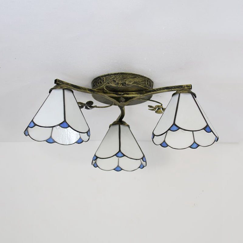 Tiffany Style Conic Shade Flushmount Light Stained Glass 3 Lights Flushmount Ceiling Light in White/Clear/Blue/Beige Clearhalo 'Ceiling Lights' 'Close To Ceiling Lights' 'Close to ceiling' 'Glass shade' 'Glass' 'Semi-flushmount' 'Tiffany close to ceiling' 'Tiffany' Lighting' 26292