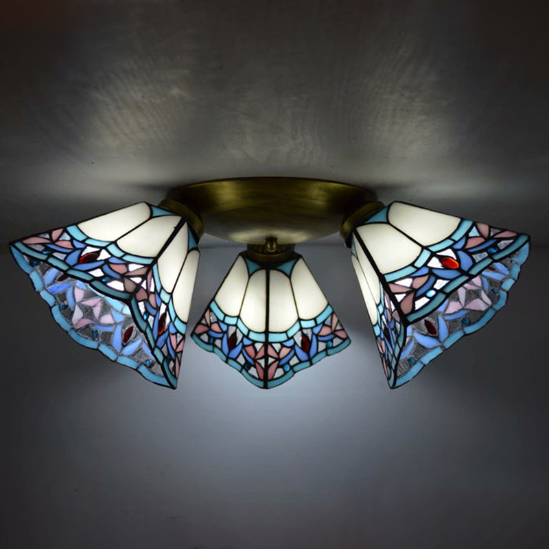 3 Heads Ceiling Flush Light Fixture Tiffany Small Stained Glass Flush Mount Lighting for Hall White-Blue Clearhalo 'Ceiling Lights' 'Close To Ceiling Lights' 'Lighting' 2629203