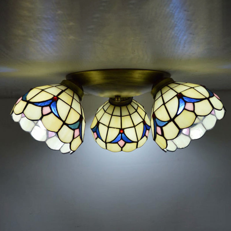 3 Heads Ceiling Flush Light Fixture Tiffany Small Stained Glass Flush Mount Lighting for Hall Blue-Pink-Yellow Clearhalo 'Ceiling Lights' 'Close To Ceiling Lights' 'Lighting' 2629204
