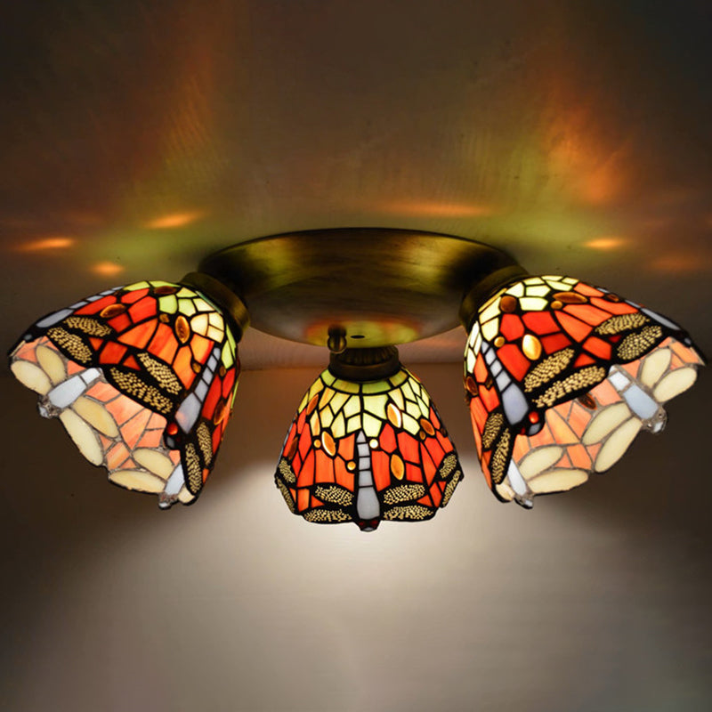 3 Heads Ceiling Flush Light Fixture Tiffany Small Stained Glass Flush Mount Lighting for Hall Orange Red Clearhalo 'Ceiling Lights' 'Close To Ceiling Lights' 'Lighting' 2629206