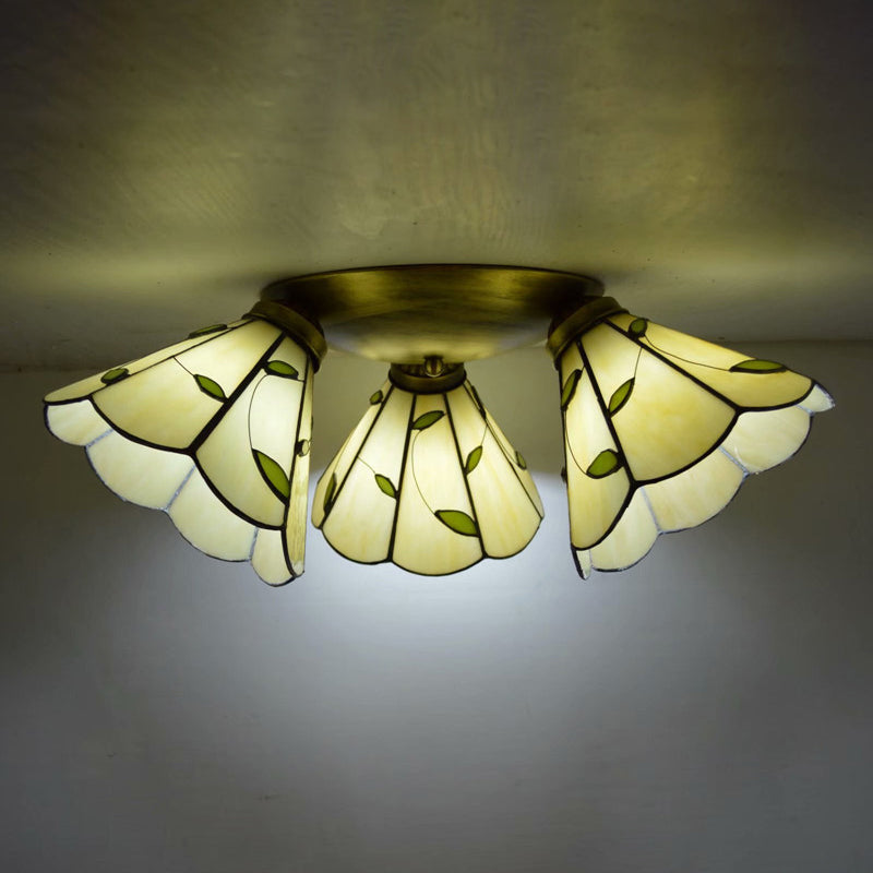 3 Heads Ceiling Flush Light Fixture Tiffany Small Stained Glass Flush Mount Lighting for Hall Green Clearhalo 'Ceiling Lights' 'Close To Ceiling Lights' 'Lighting' 2629207