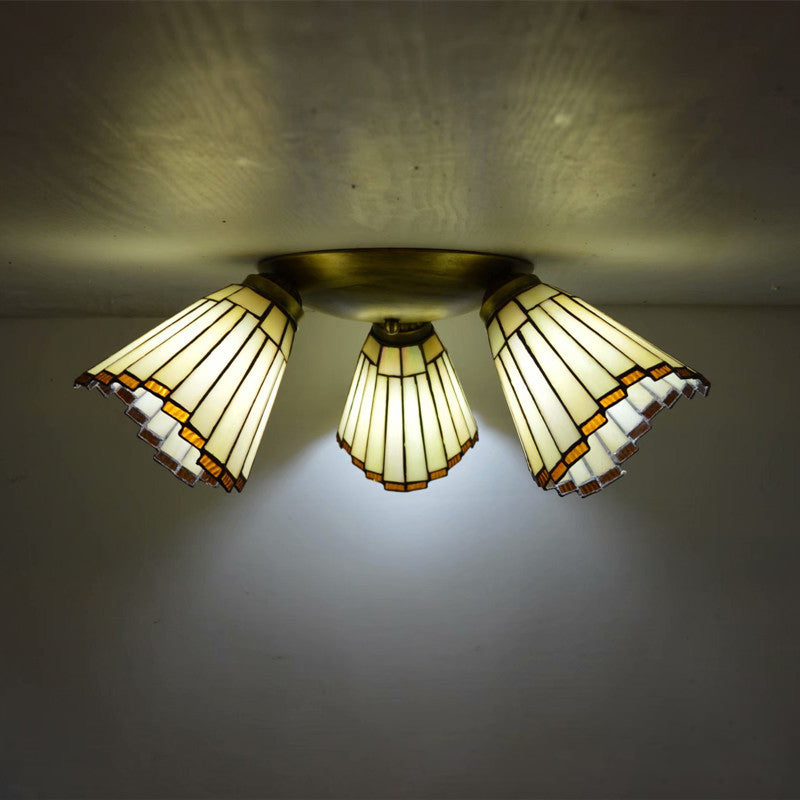 3 Heads Ceiling Flush Light Fixture Tiffany Small Stained Glass Flush Mount Lighting for Hall Beige Clearhalo 'Ceiling Lights' 'Close To Ceiling Lights' 'Lighting' 2629208
