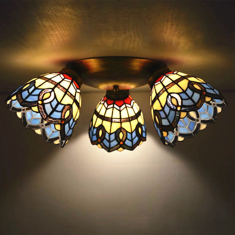 3 Heads Ceiling Flush Light Fixture Tiffany Small Stained Glass Flush Mount Lighting for Hall Sky Blue Clearhalo 'Ceiling Lights' 'Close To Ceiling Lights' 'Lighting' 2629209