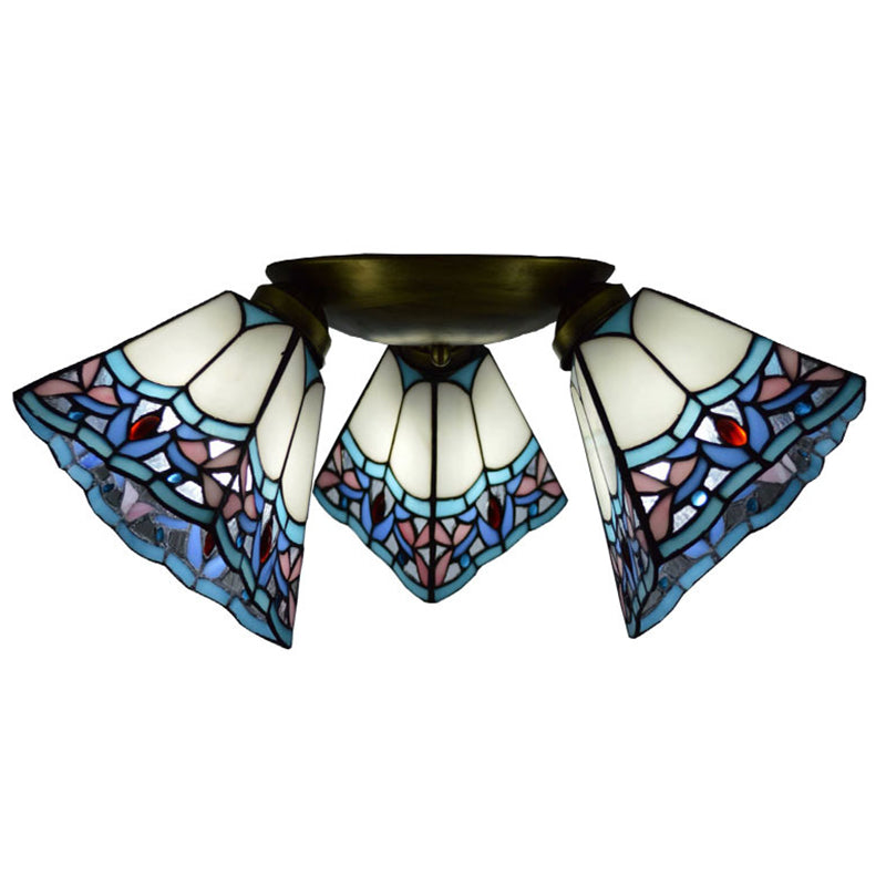 3 Heads Ceiling Flush Light Fixture Tiffany Small Stained Glass Flush Mount Lighting for Hall Clearhalo 'Ceiling Lights' 'Close To Ceiling Lights' 'Lighting' 2629210