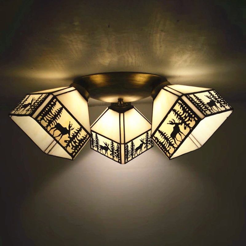 3 Heads Ceiling Flush Light Fixture Tiffany Small Stained Glass Flush Mount Lighting for Hall Brass Clearhalo 'Ceiling Lights' 'Close To Ceiling Lights' 'Lighting' 2629211