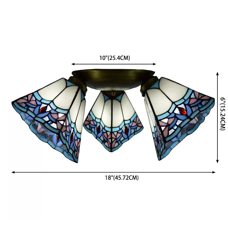 3 Heads Ceiling Flush Light Fixture Tiffany Small Stained Glass Flush Mount Lighting for Hall Clearhalo 'Ceiling Lights' 'Close To Ceiling Lights' 'Lighting' 2629212