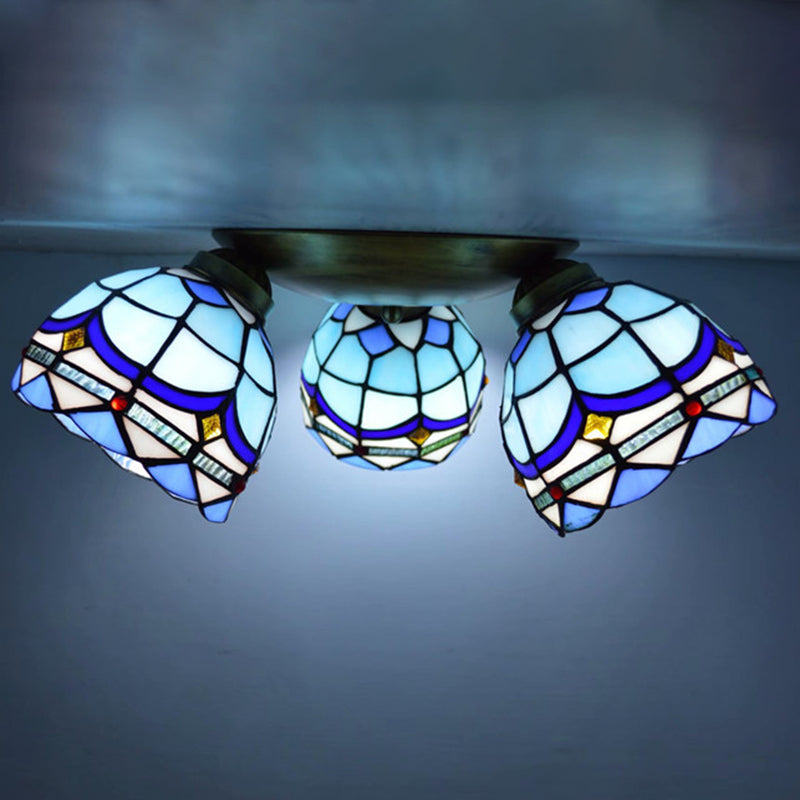 3 Heads Ceiling Flush Light Fixture Tiffany Small Stained Glass Flush Mount Lighting for Hall Ocean Blue Clearhalo 'Ceiling Lights' 'Close To Ceiling Lights' 'Lighting' 2629213