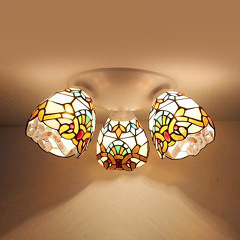 3 Heads Ceiling Flush Light Fixture Tiffany Small Stained Glass Flush Mount Lighting for Hall White Clearhalo 'Ceiling Lights' 'Close To Ceiling Lights' 'Lighting' 2629215