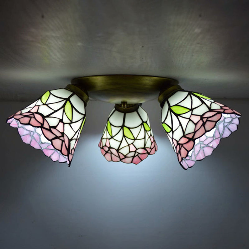 3 Heads Ceiling Flush Light Fixture Tiffany Small Stained Glass Flush Mount Lighting for Hall Pink Clearhalo 'Ceiling Lights' 'Close To Ceiling Lights' 'Lighting' 2629216