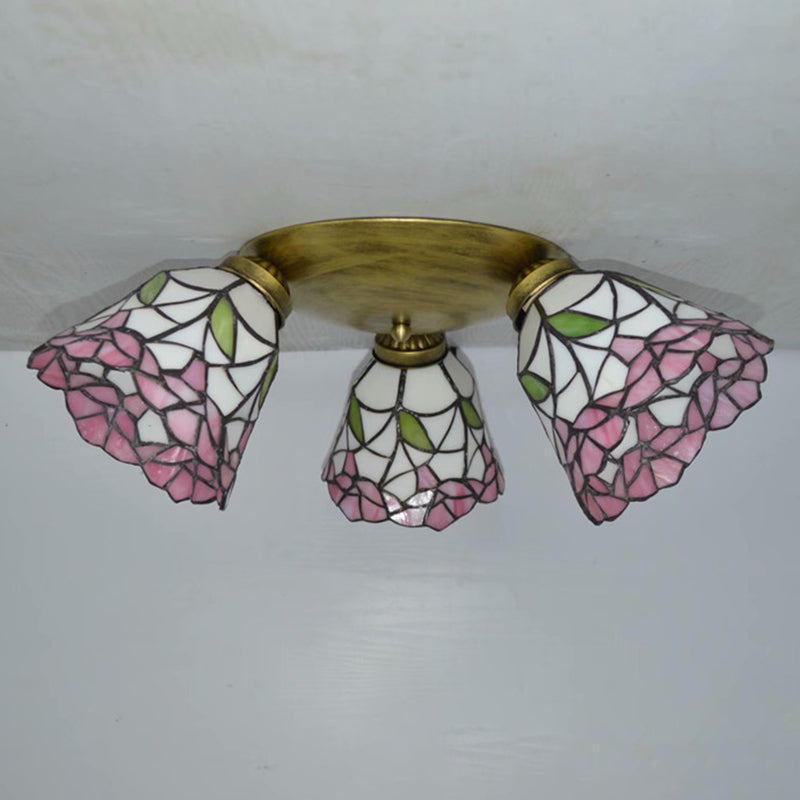3 Heads Ceiling Flush Light Fixture Tiffany Small Stained Glass Flush Mount Lighting for Hall Clearhalo 'Ceiling Lights' 'Close To Ceiling Lights' 'Lighting' 2629218
