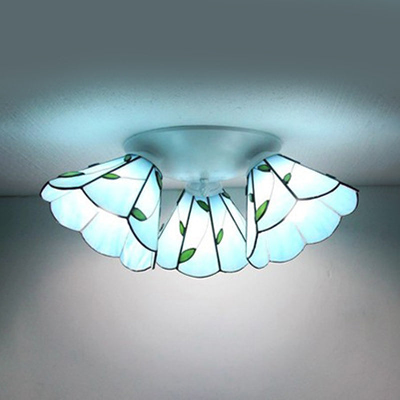 3 Heads Ceiling Flush Light Fixture Tiffany Small Stained Glass Flush Mount Lighting for Hall Light Blue-White Clearhalo 'Ceiling Lights' 'Close To Ceiling Lights' 'Lighting' 2629219