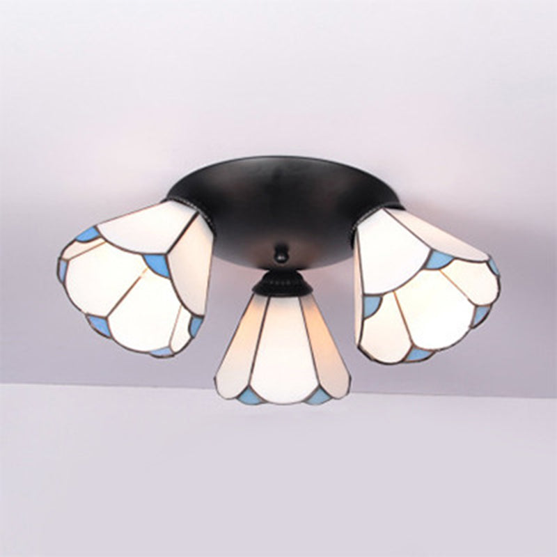 3 Heads Ceiling Flush Light Fixture Tiffany Small Stained Glass Flush Mount Lighting for Hall Black Clearhalo 'Ceiling Lights' 'Close To Ceiling Lights' 'Lighting' 2629221
