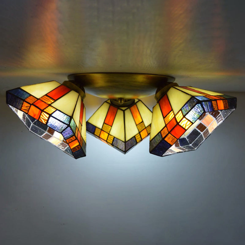 3 Heads Ceiling Flush Light Fixture Tiffany Small Stained Glass Flush Mount Lighting for Hall Orange Clearhalo 'Ceiling Lights' 'Close To Ceiling Lights' 'Lighting' 2629223