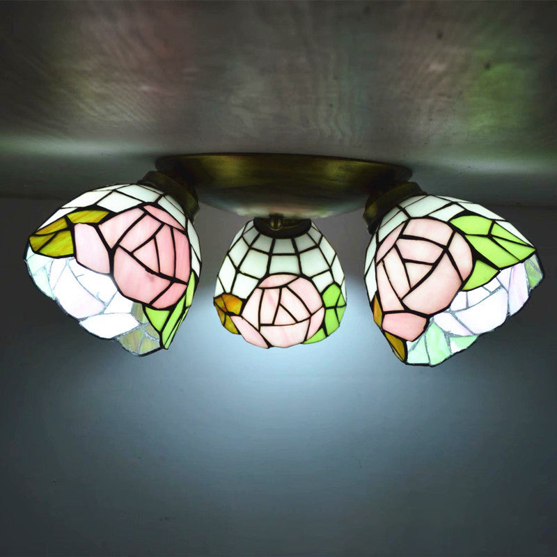 3 Heads Ceiling Flush Light Fixture Tiffany Small Stained Glass Flush Mount Lighting for Hall Pink-Green Clearhalo 'Ceiling Lights' 'Close To Ceiling Lights' 'Lighting' 2629224