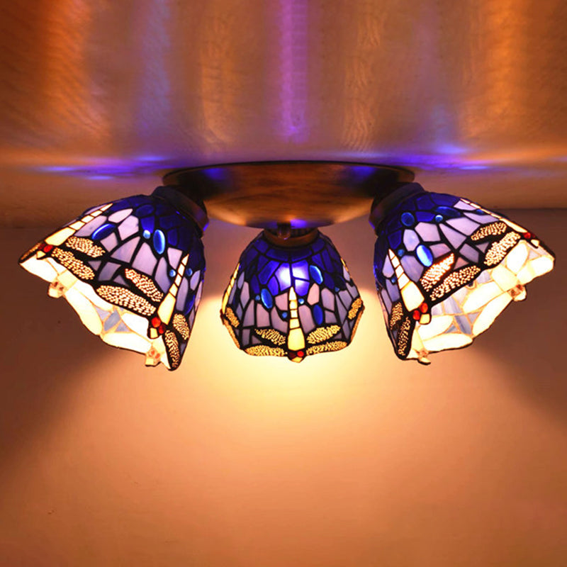3 Heads Ceiling Flush Light Fixture Tiffany Small Stained Glass Flush Mount Lighting for Hall Blue-Purple Clearhalo 'Ceiling Lights' 'Close To Ceiling Lights' 'Lighting' 2629225
