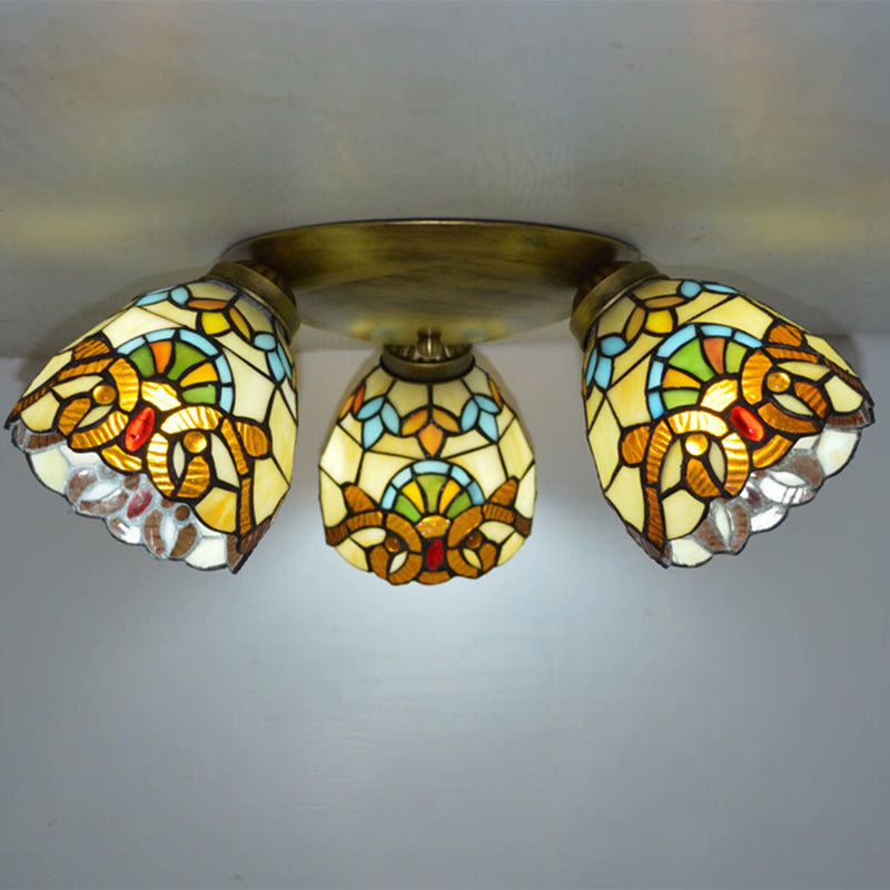 3 Heads Ceiling Flush Light Fixture Tiffany Small Stained Glass Flush Mount Lighting for Hall Brown Clearhalo 'Ceiling Lights' 'Close To Ceiling Lights' 'Lighting' 2629226