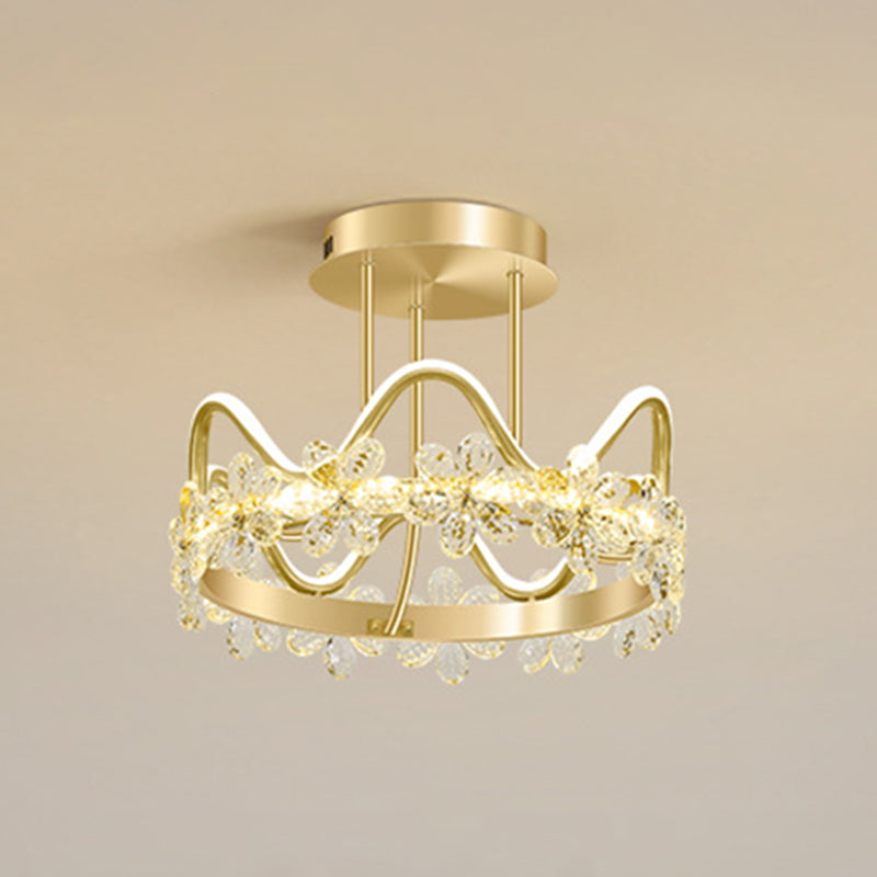 Gold Circular LED Ceiling Fixture Minimalist Flower Crystal Semi Flush Mount Light for Bedroom Gold 17" Remote Control Stepless Dimming Clearhalo 'Ceiling Lights' 'Close To Ceiling Lights' 'Lighting' 2629228