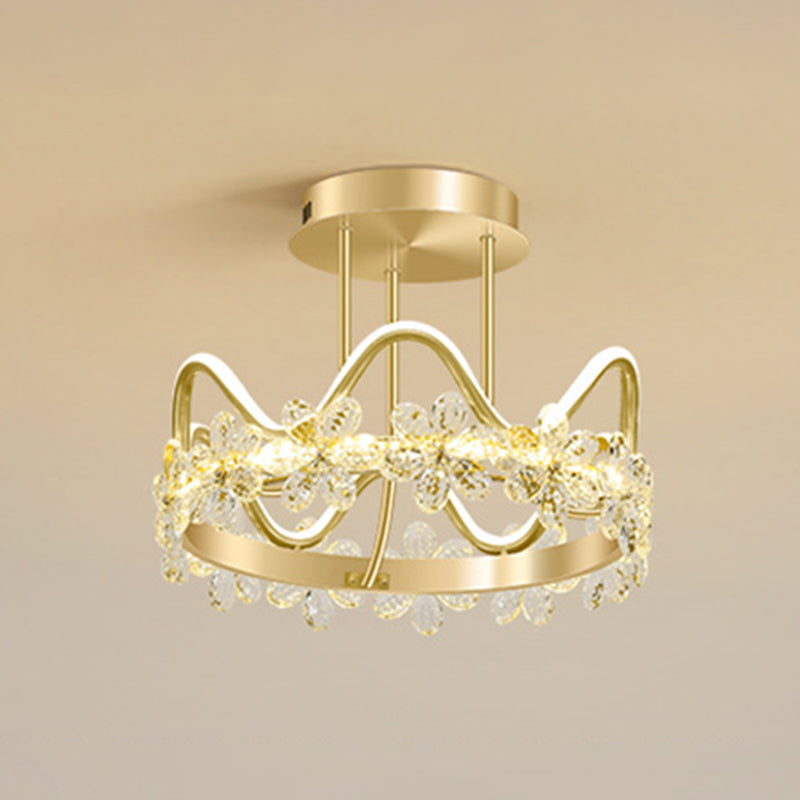 Gold Circular LED Ceiling Fixture Minimalist Flower Crystal Semi Flush Mount Light for Bedroom Gold 17" Warm Clearhalo 'Ceiling Lights' 'Close To Ceiling Lights' 'Lighting' 2629230