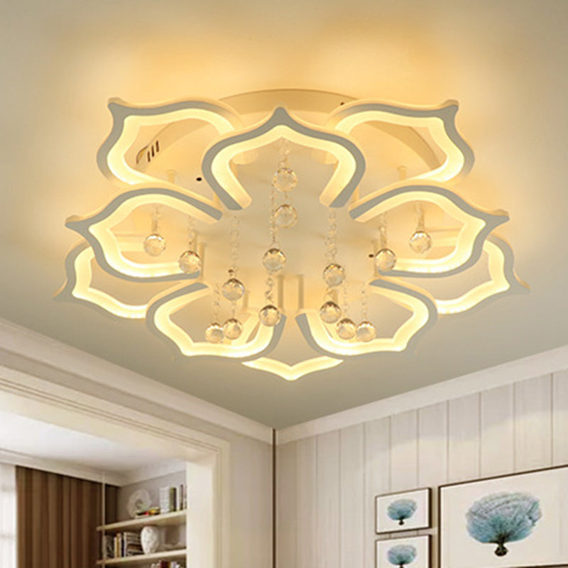 White Lotus Flush Ceiling Light Modernity LED Acrylic Semi Flush Mount with Crystal Decor 10 White Clearhalo 'Ceiling Lights' 'Close To Ceiling Lights' 'Lighting' 2629308