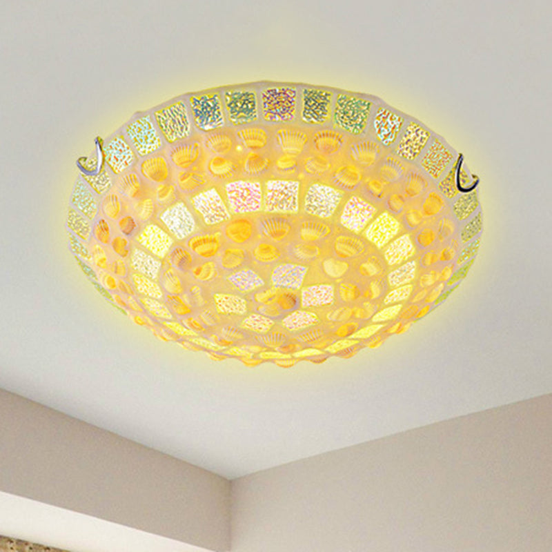 Mosaics Glass Bowl Flush Mount Light Fixture Mediterranean Yellow Ceiling Lamp with Decorative Shell for Bedroom Clearhalo 'Ceiling Lights' 'Close To Ceiling Lights' 'Lighting' 2629502