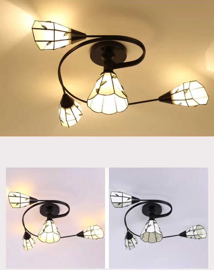 Tiffany Flower Semi Flush Light Stained Glass Ceiling Mounted Light for Living Room Clearhalo 'Ceiling Lights' 'Close To Ceiling Lights' 'Lighting' 2629545