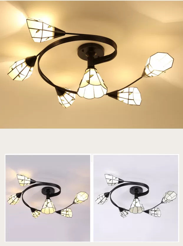 Tiffany Flower Semi Flush Light Stained Glass Ceiling Mounted Light for Living Room Clearhalo 'Ceiling Lights' 'Close To Ceiling Lights' 'Lighting' 2629546