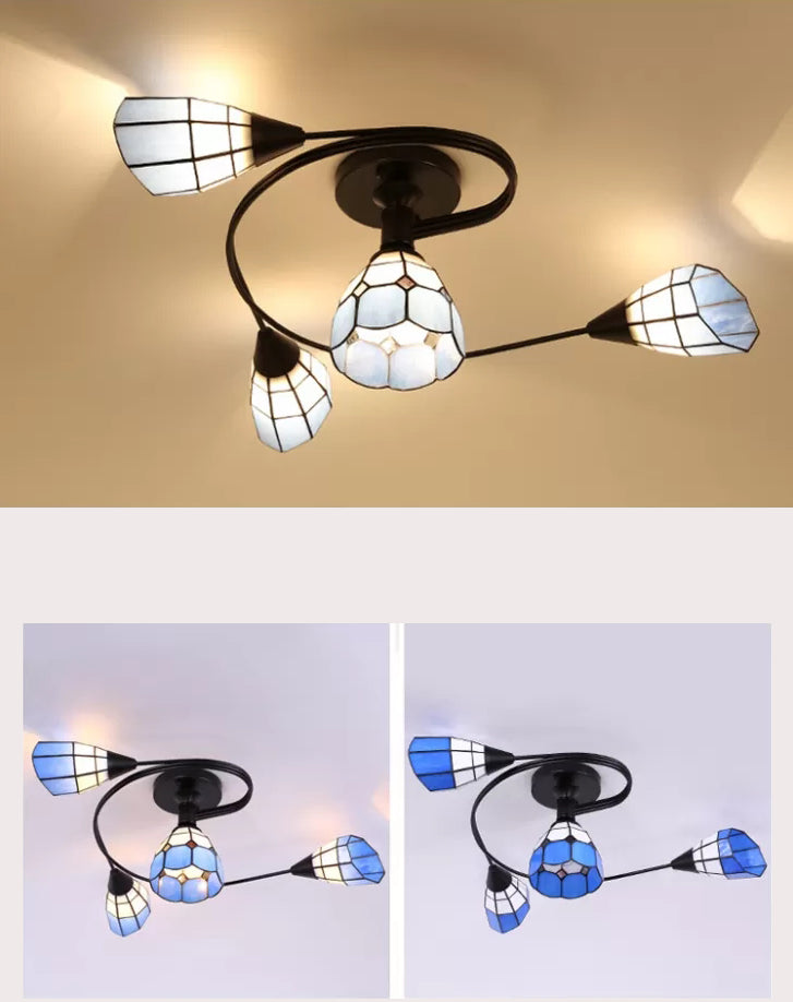 Tiffany Flower Semi Flush Light Stained Glass Ceiling Mounted Light for Living Room Clearhalo 'Ceiling Lights' 'Close To Ceiling Lights' 'Lighting' 2629547