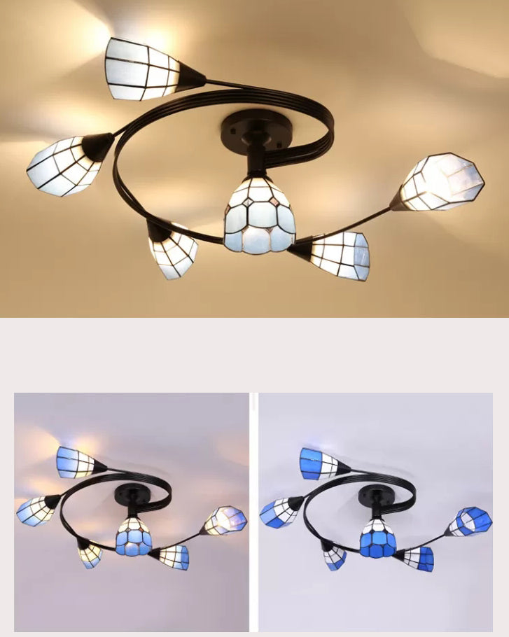 Tiffany Flower Semi Flush Light Stained Glass Ceiling Mounted Light for Living Room Clearhalo 'Ceiling Lights' 'Close To Ceiling Lights' 'Lighting' 2629548