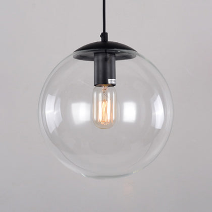 Globe Pendant Lighting Industrial 6"/8"/12" Wide 1 Light Clear Glass Hanging Ceiling Light in Black/Chrome Black 8" Clearhalo 'Ceiling Lights' 'Close To Ceiling Lights' 'Glass shade' 'Glass' 'Industrial Pendants' 'Industrial' 'Middle Century Pendants' 'Pendant Lights' 'Pendants' 'Tiffany' Lighting' 26296