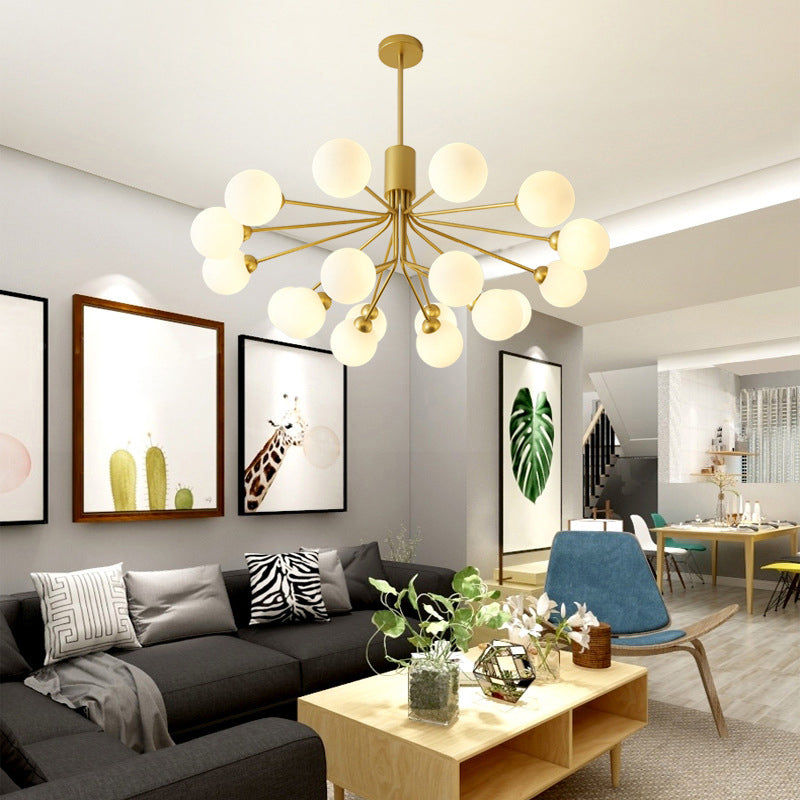 Post-Modern Starburst Hanging Chandelier Light Opal Glass Shade Ceiling Chandelier in Gold for Living Room Clearhalo 'Ceiling Lights' 'Chandeliers' Lighting' options 2629635