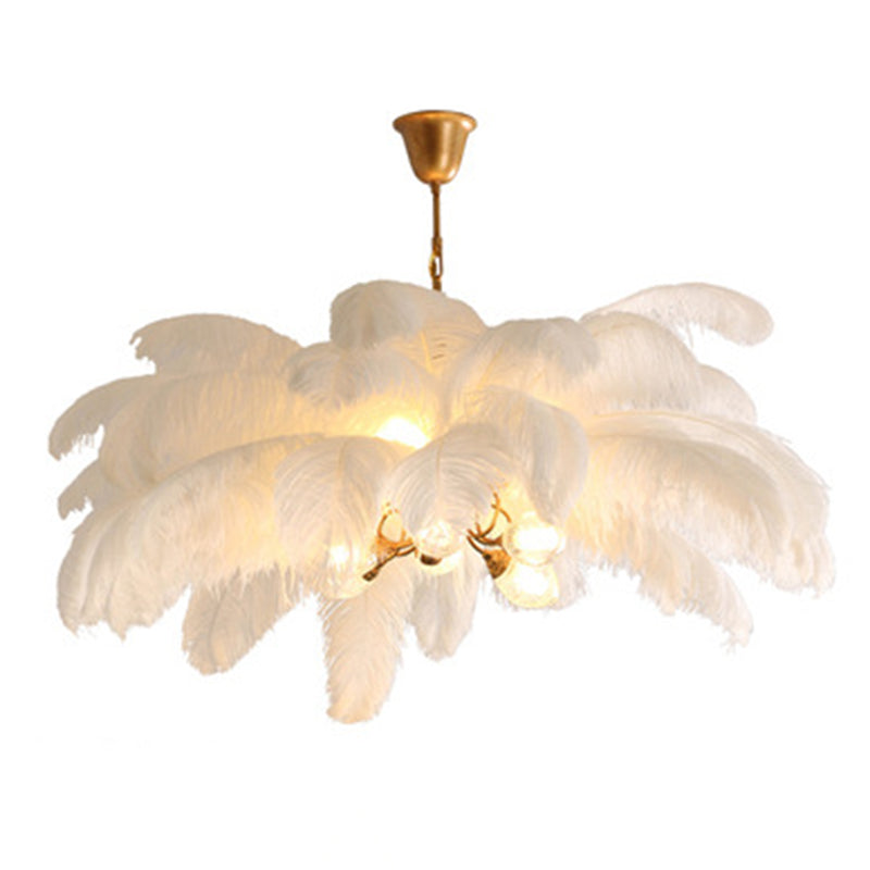Ostrich Feather Ceiling Chandelier Modern Nordic Creative 5 Light Hanging Ceiling Light for Bedroom White Clearhalo 'Ceiling Lights' 'Chandeliers' Lighting' options 2629887_ac22beb9-13b7-42d2-ba08-e36294e084fb