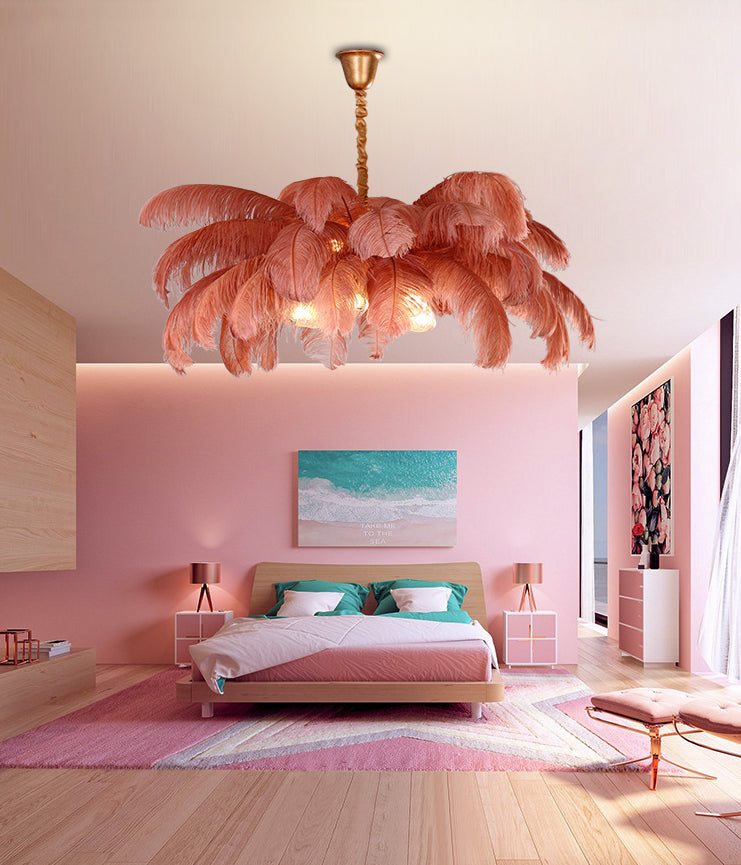 Ostrich Feather Ceiling Chandelier Modern Nordic Creative 5 Light Hanging Ceiling Light for Bedroom Clearhalo 'Ceiling Lights' 'Chandeliers' Lighting' options 2629898