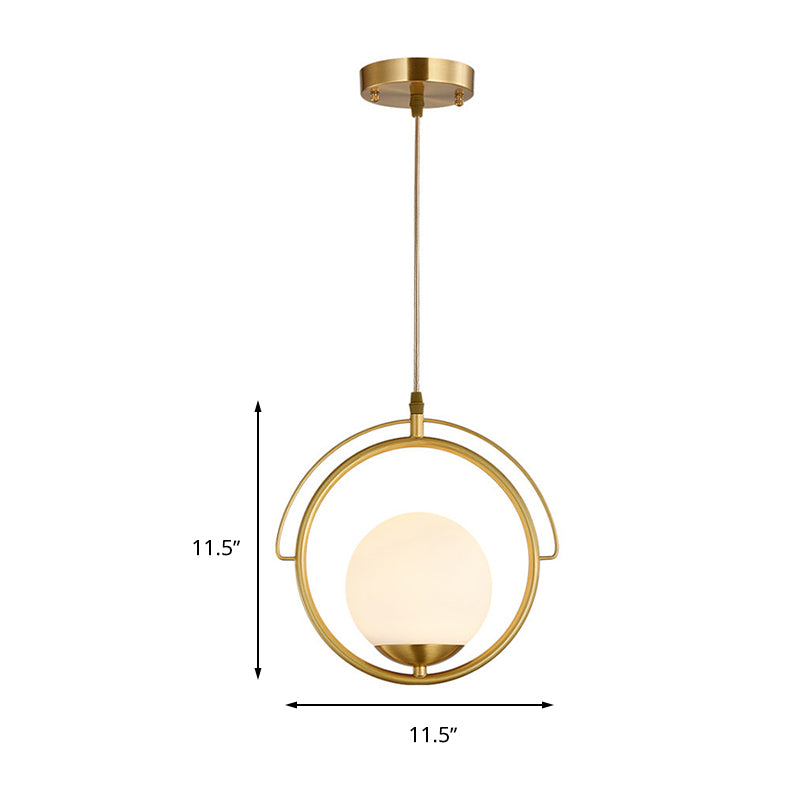 Brass Ring Hanging Ceiling Light Postmodern 1 Head Metal Pendant Lamp with Globe White Glass Shade Clearhalo 'Ceiling Lights' 'Glass shade' 'Glass' 'Modern Pendants' 'Modern' 'Pendant Lights' 'Pendants' Lighting' 263070
