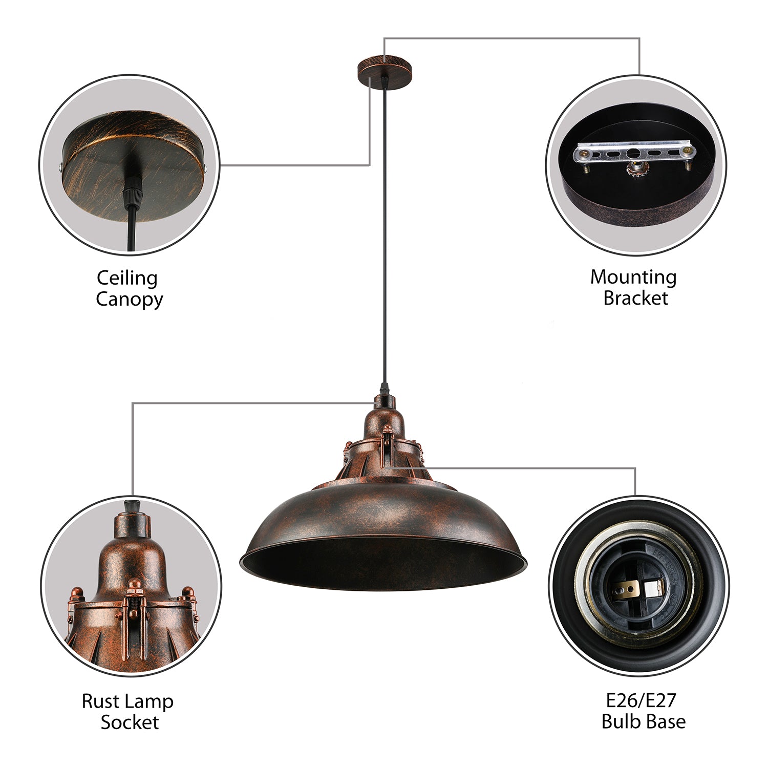 Black/Rust 1 Bulb Ceiling Light Vintage Industrial Metallic Bowl Shade Hanging Fixture for Study Room Clearhalo 'Art Deco Pendants' 'Black' 'Cast Iron' 'Ceiling Lights' 'Ceramic' 'Crystal' 'Industrial Pendants' 'Industrial' 'Metal' 'Middle Century Pendants' 'Pendant Lights' 'Pendants' 'Rustic Pendants' 'Tiffany' Lighting' 2631