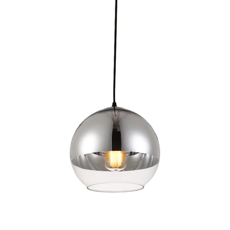 Globe Pendant Light Fixture Vintage Silver and Clear Glass 1 Head Bedroom Hanging Lamp, 6"/8"/10" Wide Clearhalo 'Ceiling Lights' 'Glass shade' 'Glass' 'Modern Pendants' 'Modern' 'Pendant Lights' 'Pendants' Lighting' 263114