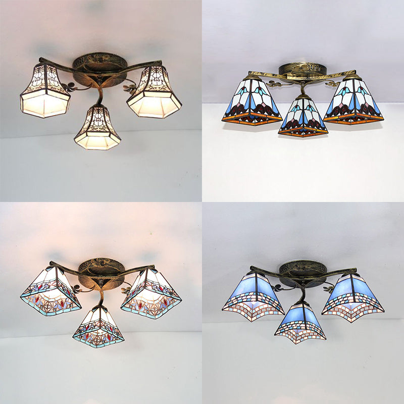 Retro Style Geometric Ceiling Light Fixture Stained Glass 3 Lights Ceiling Fixture with Wire Mesh/Mediterranean/ Magnolia/Baroque Pattern Clearhalo 'Ceiling Lights' 'Close To Ceiling Lights' 'Close to ceiling' 'Glass shade' 'Glass' 'Semi-flushmount' 'Tiffany close to ceiling' 'Tiffany' Lighting' 26316