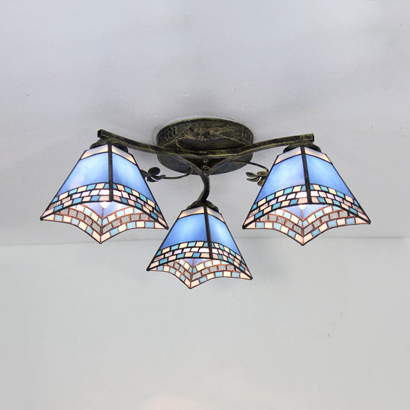 Retro Style Geometric Ceiling Light Fixture Stained Glass 3 Lights Ceiling Fixture with Wire Mesh/Mediterranean/ Magnolia/Baroque Pattern Bronze Mediterranean Clearhalo 'Ceiling Lights' 'Close To Ceiling Lights' 'Close to ceiling' 'Glass shade' 'Glass' 'Semi-flushmount' 'Tiffany close to ceiling' 'Tiffany' Lighting' 26319